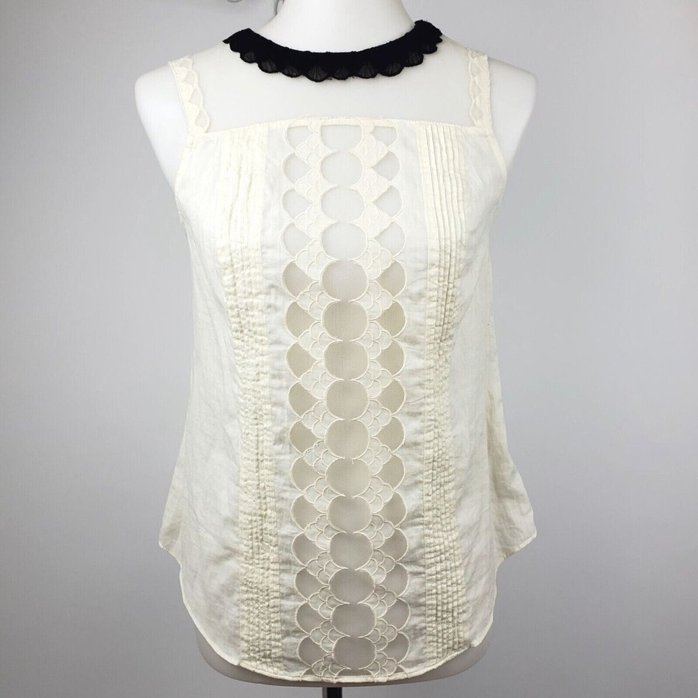 Esley | size S | ivory/cream top with sheer black and cream lace collar detail